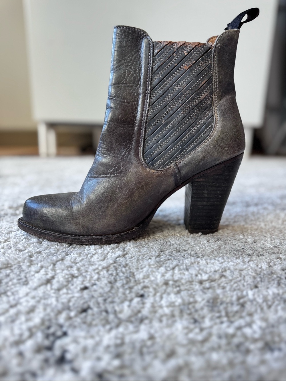 Bed Stü Distressed silver-blue/Gray Leather Block Heel Ankle Boots - Women's